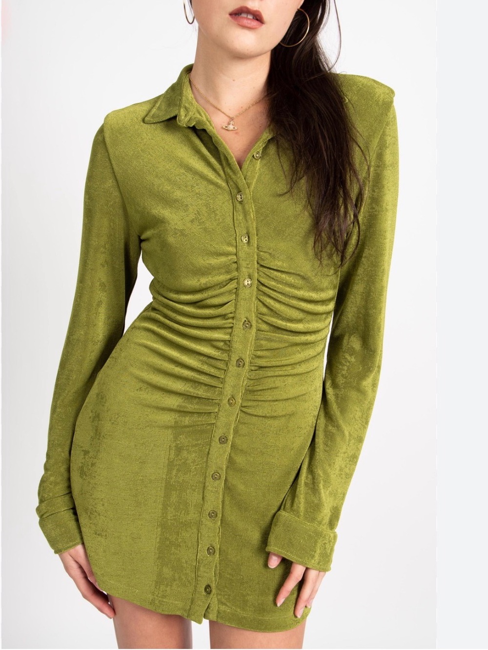 With Jéan Andy Dress Green Ruched Button Front Mini Dress Size Small Bodycon